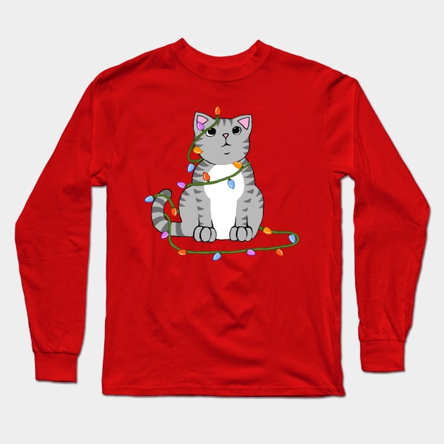 Cute Christmas Cat Wrapped in Xmas Lights Kawaii Gray Tabby Long Sleeve T-Shirt by xenotransplant